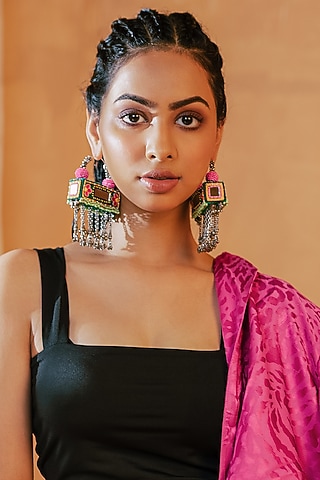 Green Embroidered Hoop Earrings by KrutiArts