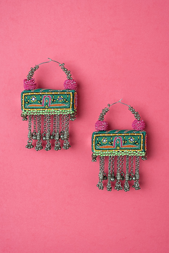 Green Embroidered Hoop Earrings by KrutiArts at Pernia's Pop Up Shop