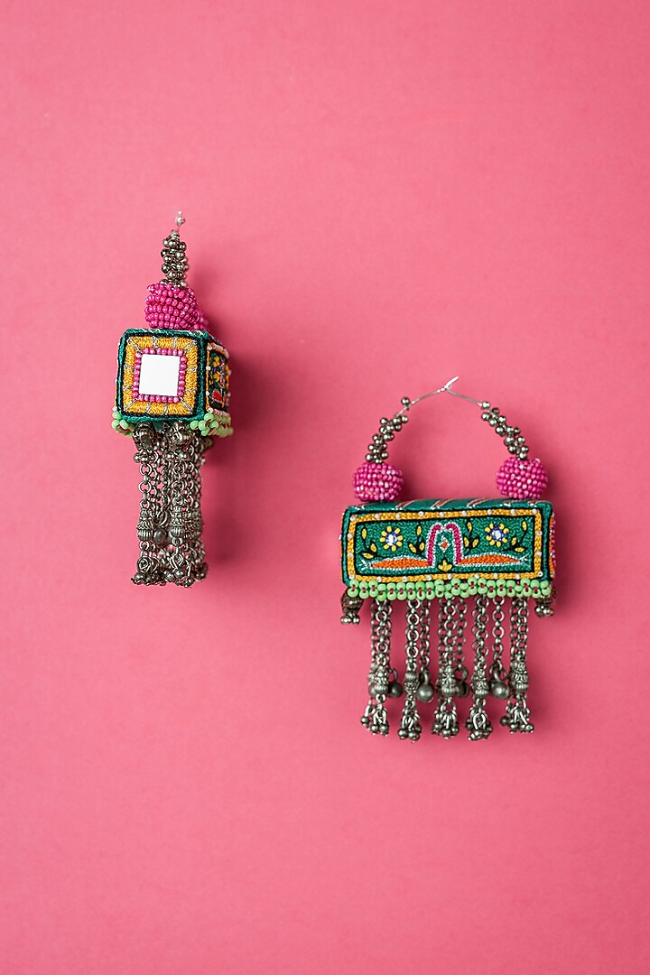 Green Embroidered Hoop Earrings by KrutiArts at Pernia's Pop Up Shop