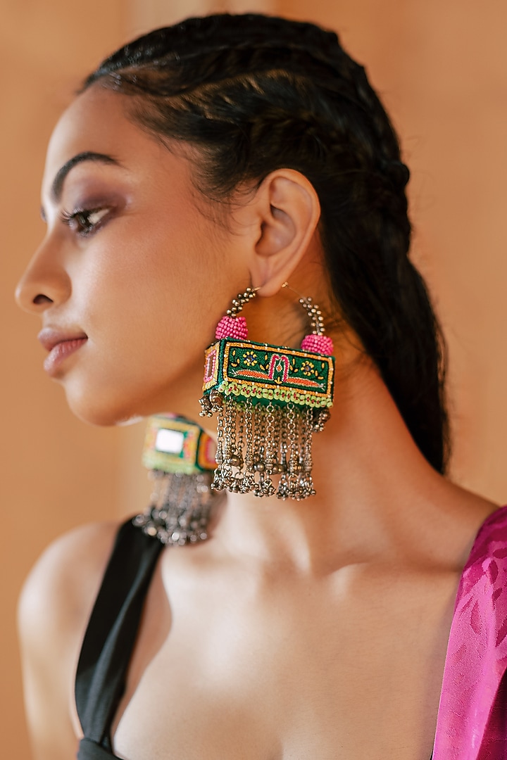 Green Embroidered Hoop Earrings by KrutiArts at Pernia's Pop Up Shop