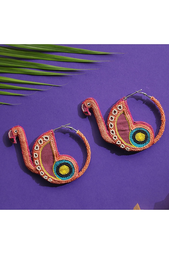 Peach Hand Embroidered Flamingo Hoop Earrings by KrutiArts at Pernia's Pop Up Shop