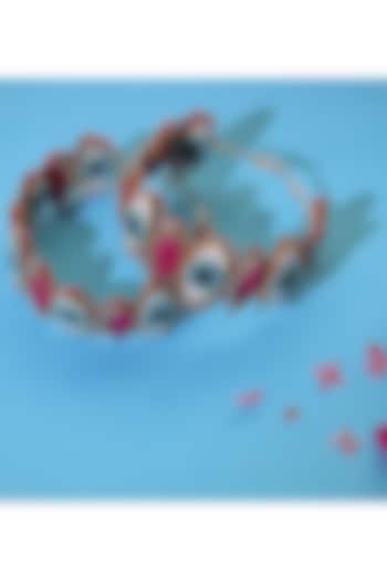Pink Hand Embroidered Evil Eyes Hoop Earrings by KrutiArts