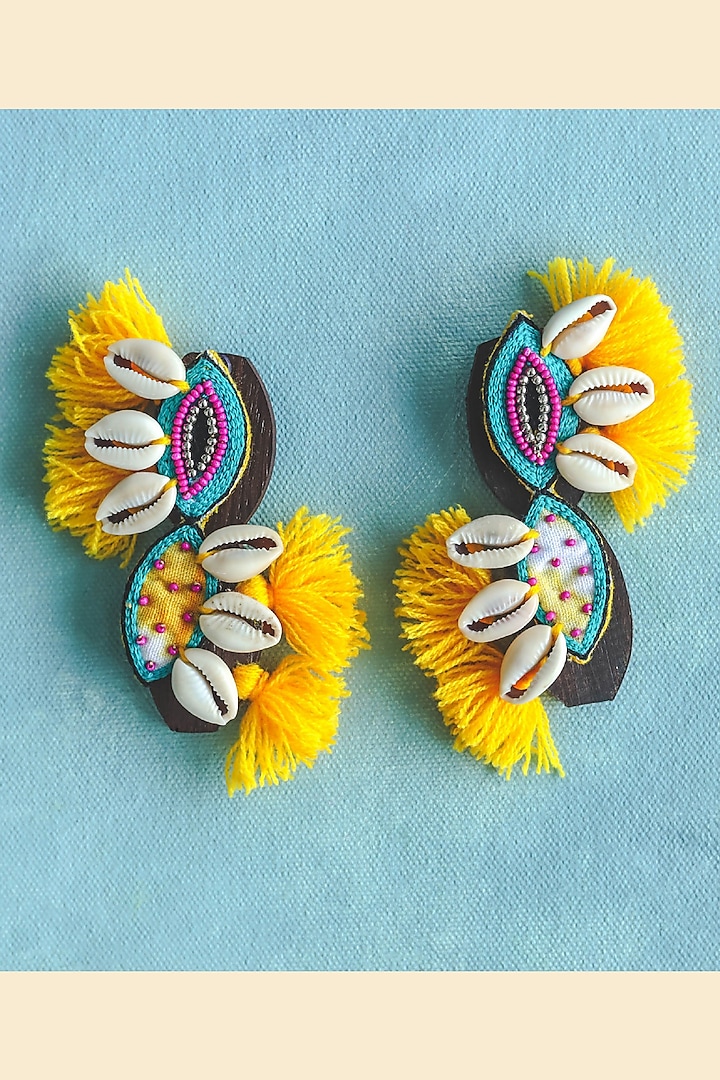 Yellow Hand Embroidered Stud Earrings by KrutiArts at Pernia's Pop Up Shop