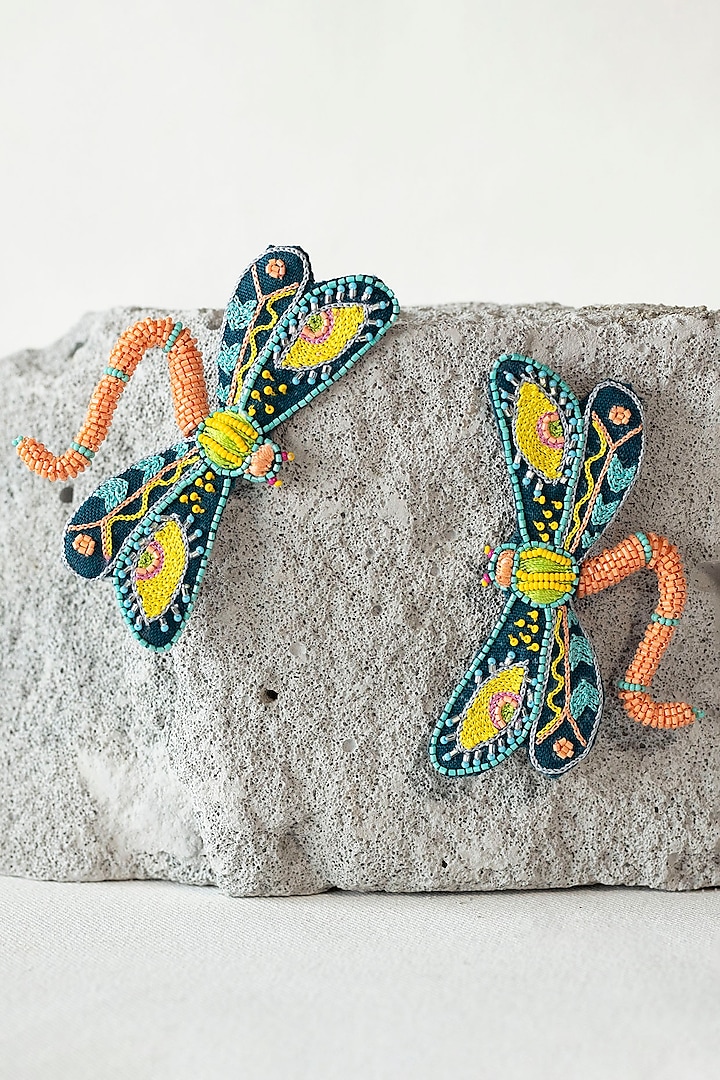 Turquoise Hand Embroidered Dragonfly Earrings by KrutiArts