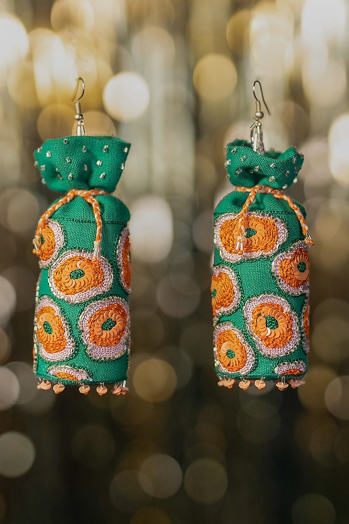Green Hand Embroidered Potli Dangler Earrings by KrutiArts