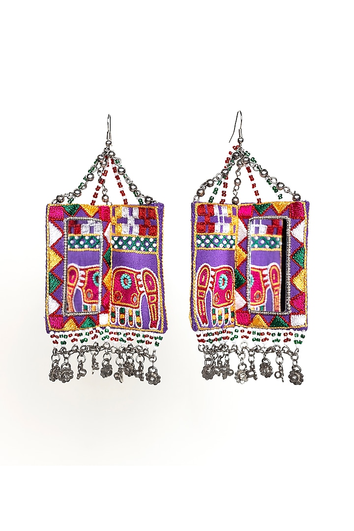 Purple Hand Embroidered Dangler Earrings by KrutiArts