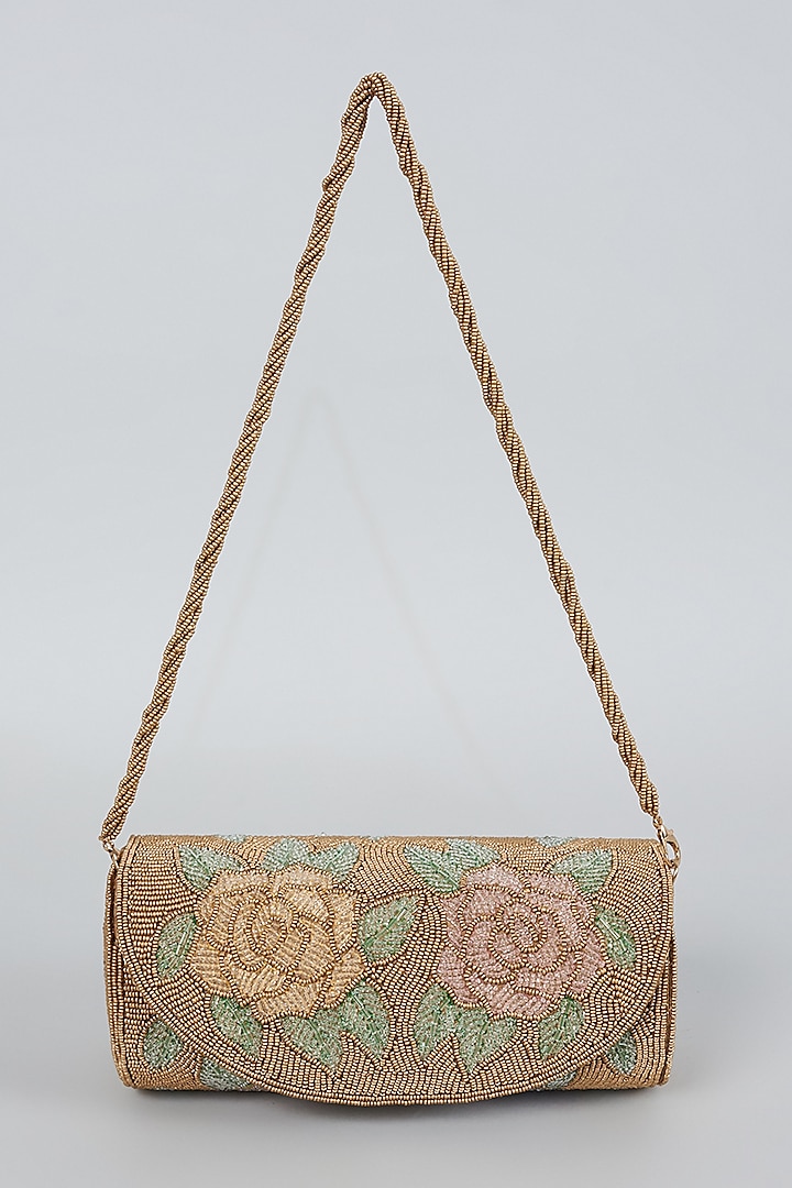 Gold Hand Embroidered Round Bag by kreivo by vamanshi damania