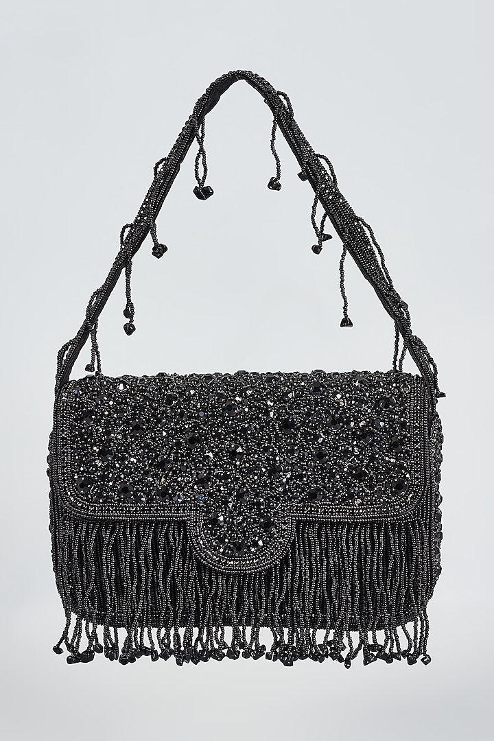 Black Silk Hand Embroidered Bucket Bag by kreivo by vamanshi damania