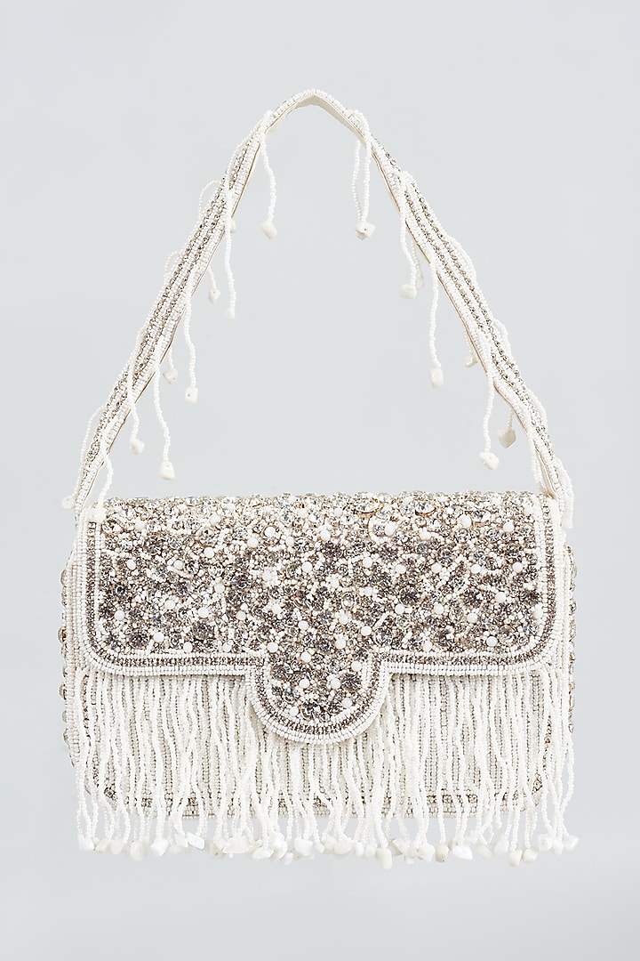 White & Silver Silk Hand Embroidered Bucket Bag by kreivo by vamanshi damania at Pernia's Pop Up Shop