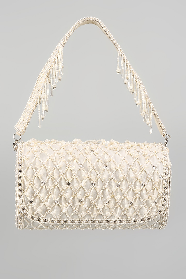 White Silk Beads Embellished Bucket Bag by kreivo by vamanshi damania
