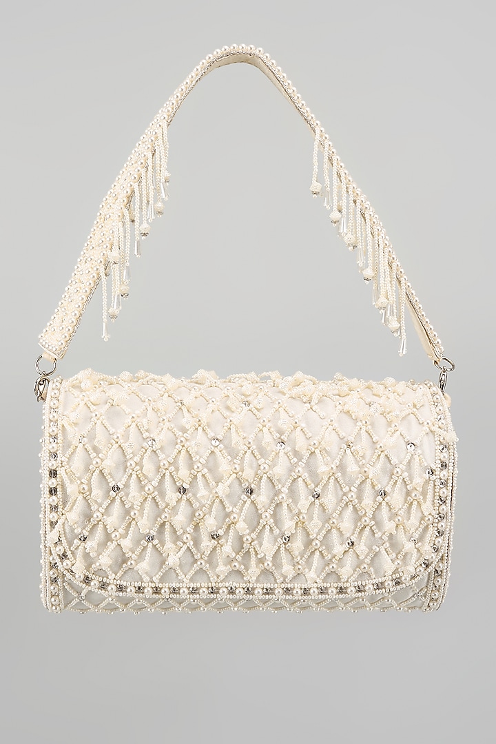 White Silk Beads Embellished Bucket Bag by kreivo by vamanshi damania at Pernia's Pop Up Shop