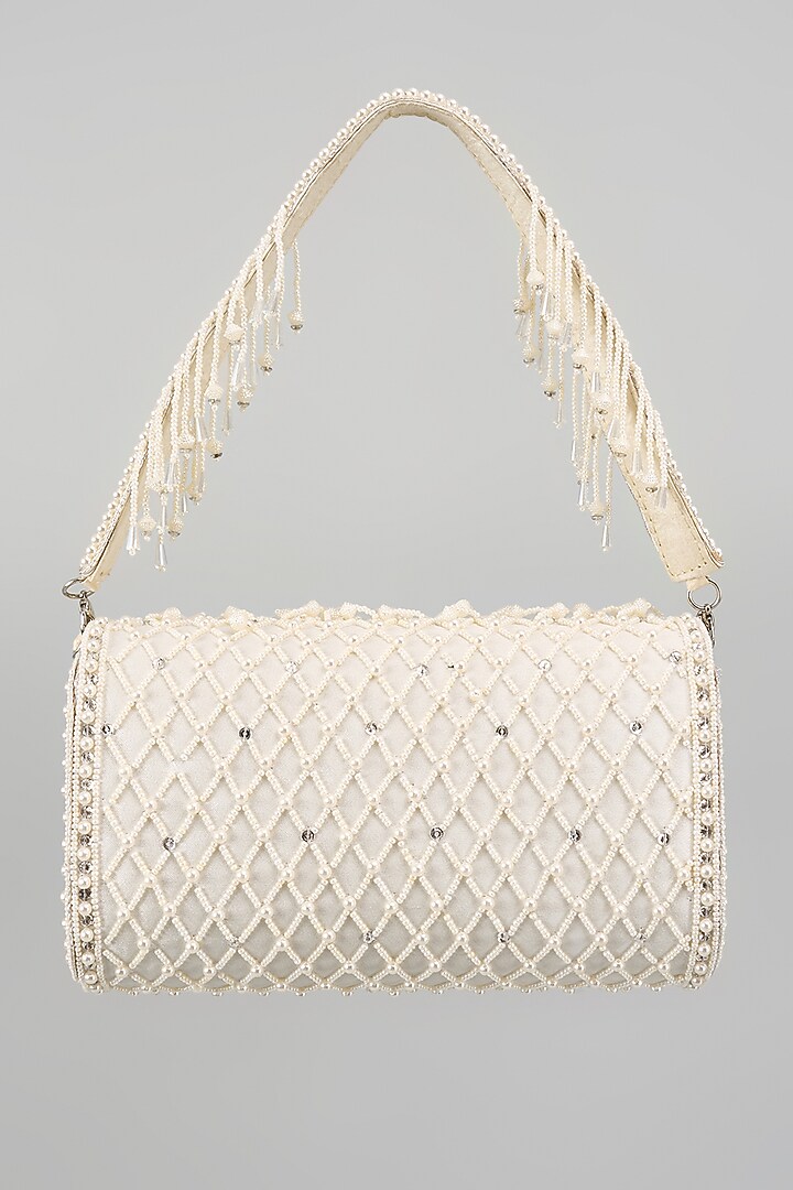 White Silk Beads Embellished Bucket Bag by kreivo by vamanshi damania at Pernia's Pop Up Shop