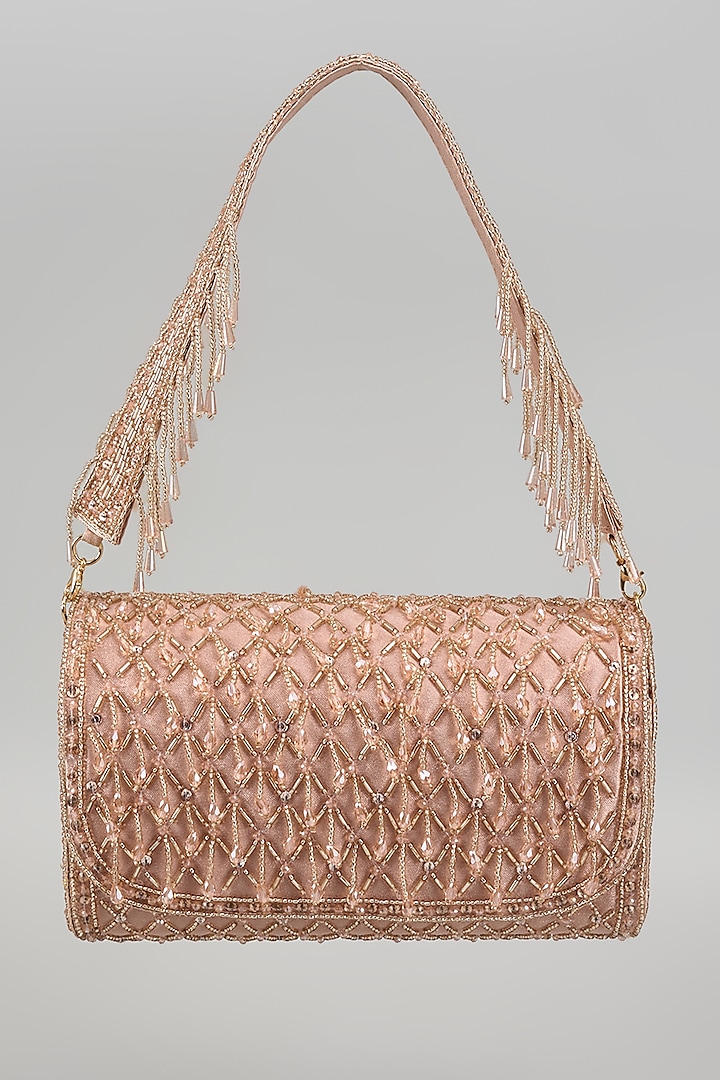 Rose Gold Silk Beads Embellished Bucket Bag by kreivo by vamanshi damania