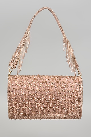 Rose Gold Silk Beads Embellished Bucket Bag by kreivo by vamanshi damania