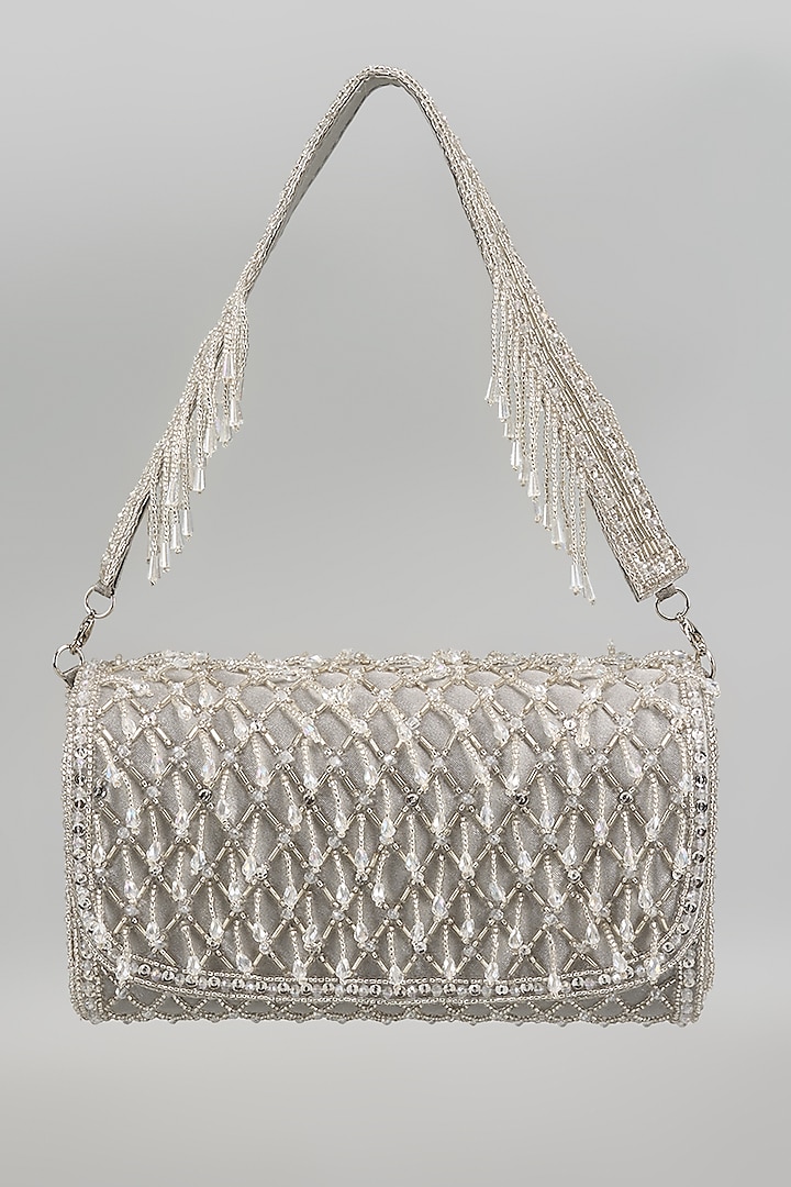 Silver Silk Beads Embellished Bucket Bag by kreivo by vamanshi damania