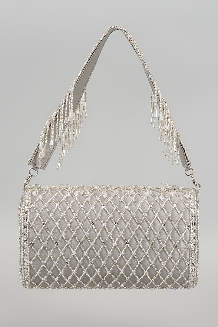 Silver Silk Beads Embellished Bucket Bag by kreivo by vamanshi damania at Pernia's Pop Up Shop