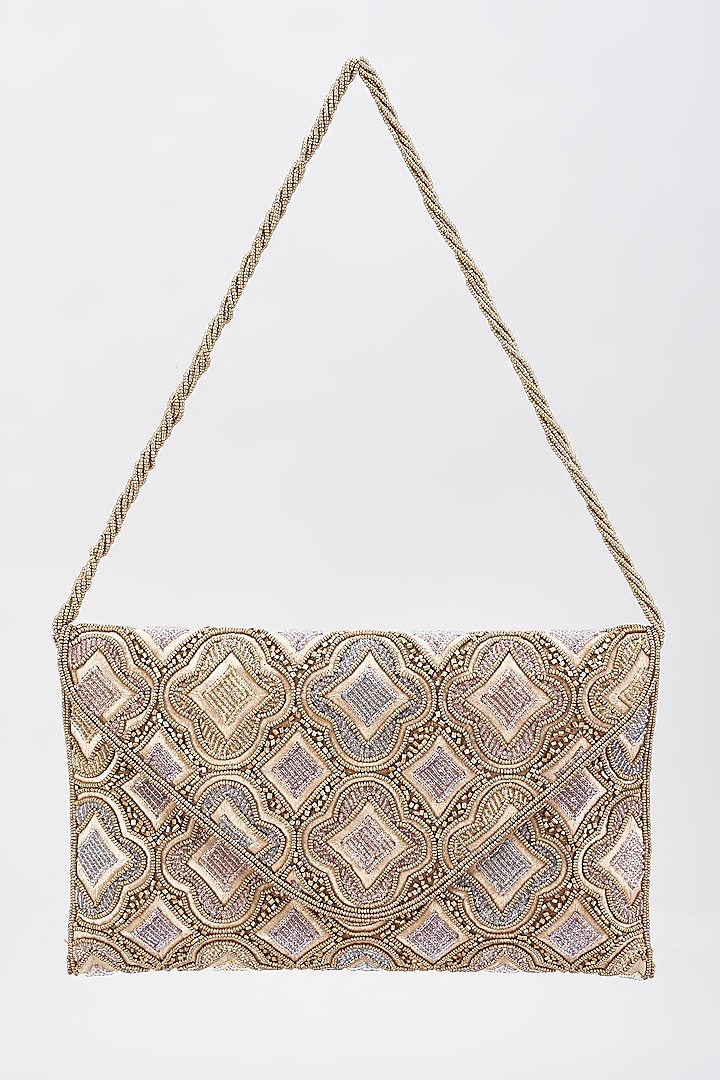 Gold Silk Hand Embroidered Envelope Bag by kreivo by vamanshi damania