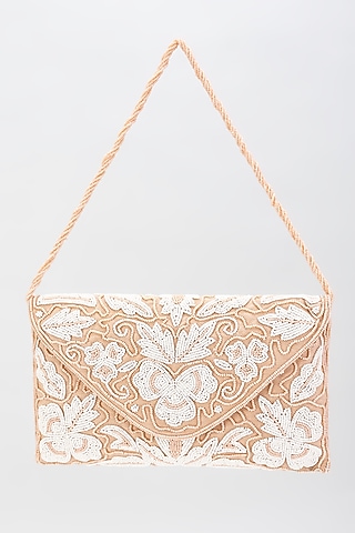 Peach Silk Hand Embroidered Envelope Bag by kreivo by vamanshi damania