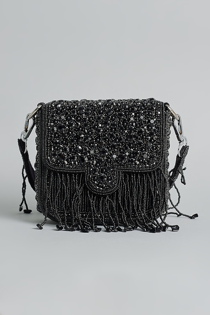 Black Silk Beaded Mini Bucket Bag by kreivo by vamanshi damania