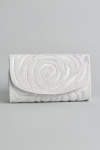 Ivory Silk Bead Embellished Envelope Bag by kreivo by vamanshi damania