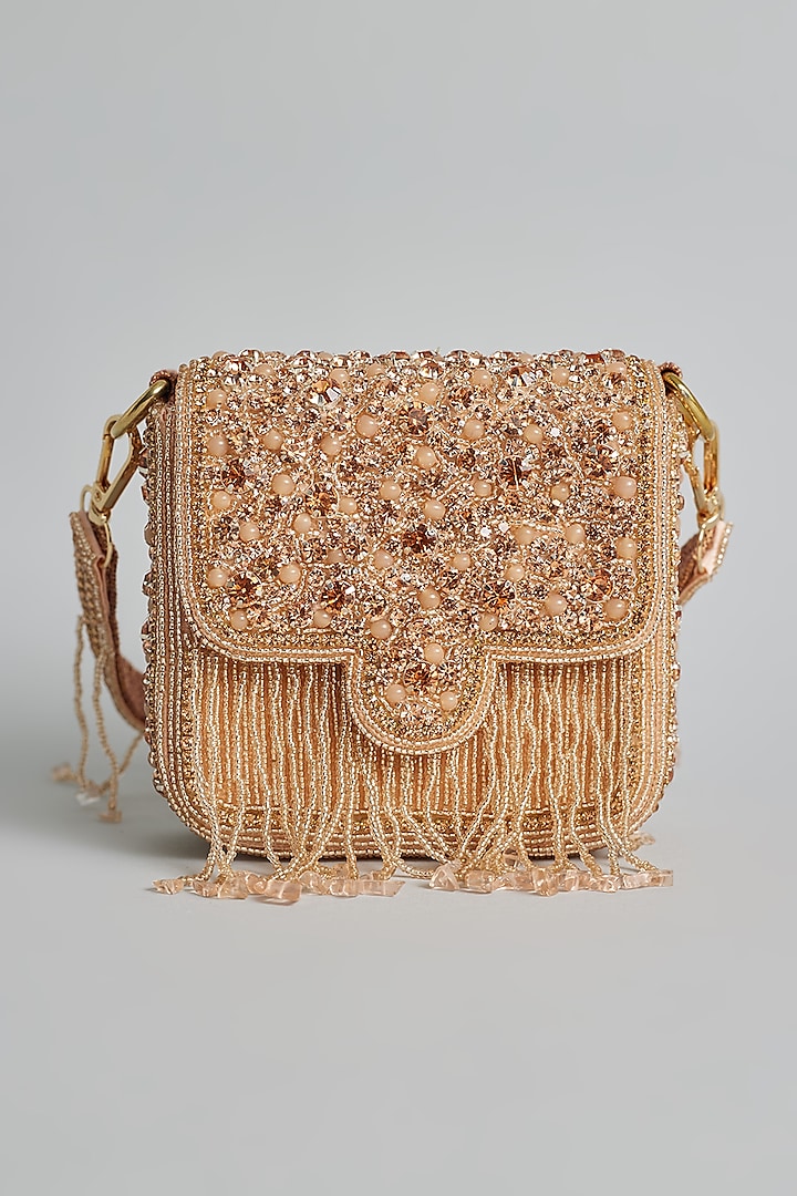 Rose Gold Silk Beaded Mini Bucket Bag by kreivo by vamanshi damania