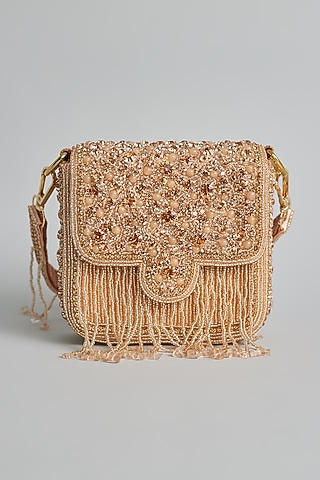 Rose Gold Silk Beaded Mini Bucket Bag by kreivo by vamanshi damania