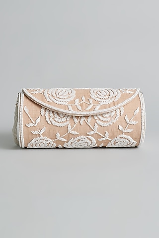 Peach Silk Beaded Floral Round Bag by kreivo by vamanshi damania