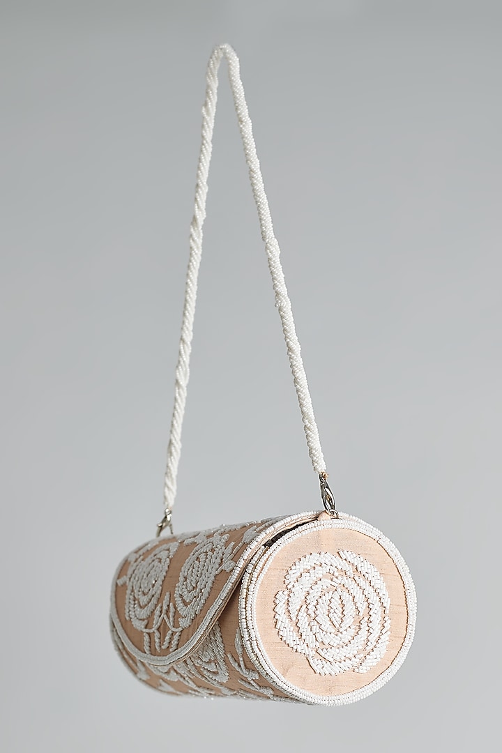Peach Silk Beaded Floral Round Bag by kreivo by vamanshi damania at Pernia's Pop Up Shop