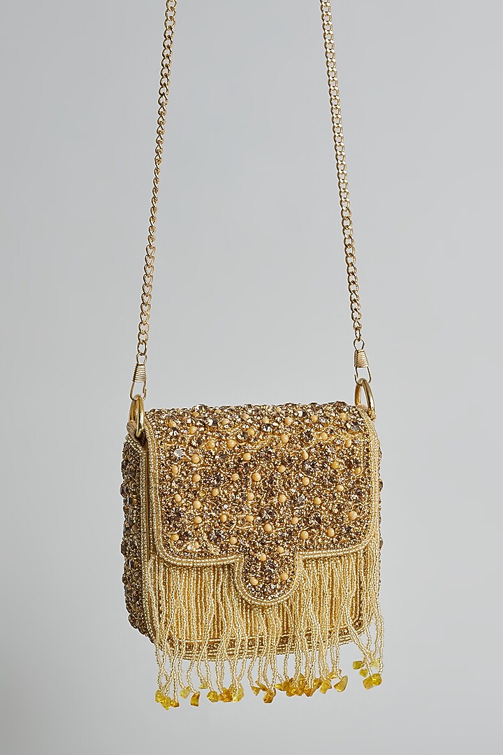 Gold Silk Beaded & Tassel Embellished Mini Bucket Bag by kreivo by vamanshi damania at Pernia's Pop Up Shop