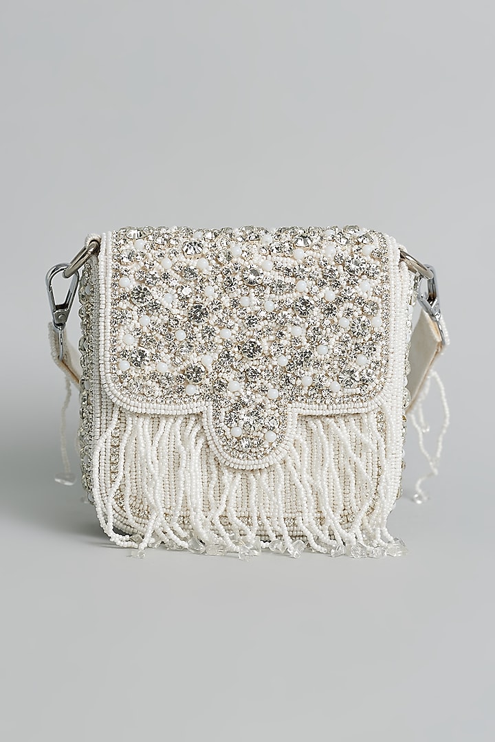 White Silk Beaded & Tassel Embellished Mini Bucket Bag by kreivo by vamanshi damania