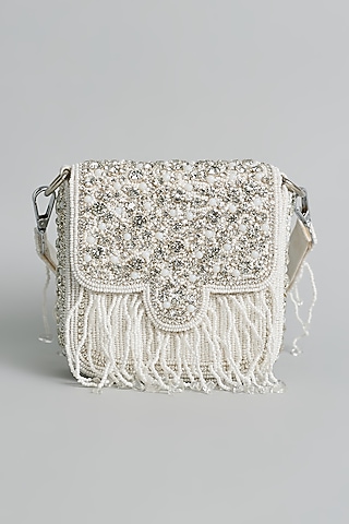 White Silk Beaded & Tassel Embellished Mini Bucket Bag by kreivo by vamanshi damania