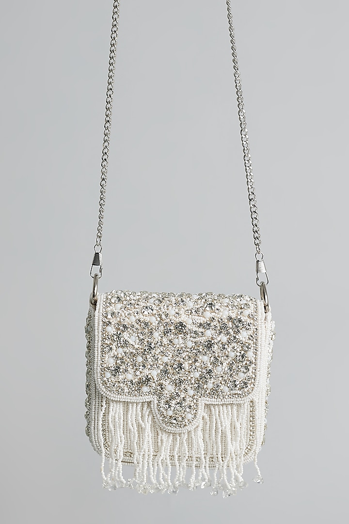 White Silk Beaded & Tassel Embellished Mini Bucket Bag by kreivo by vamanshi damania at Pernia's Pop Up Shop
