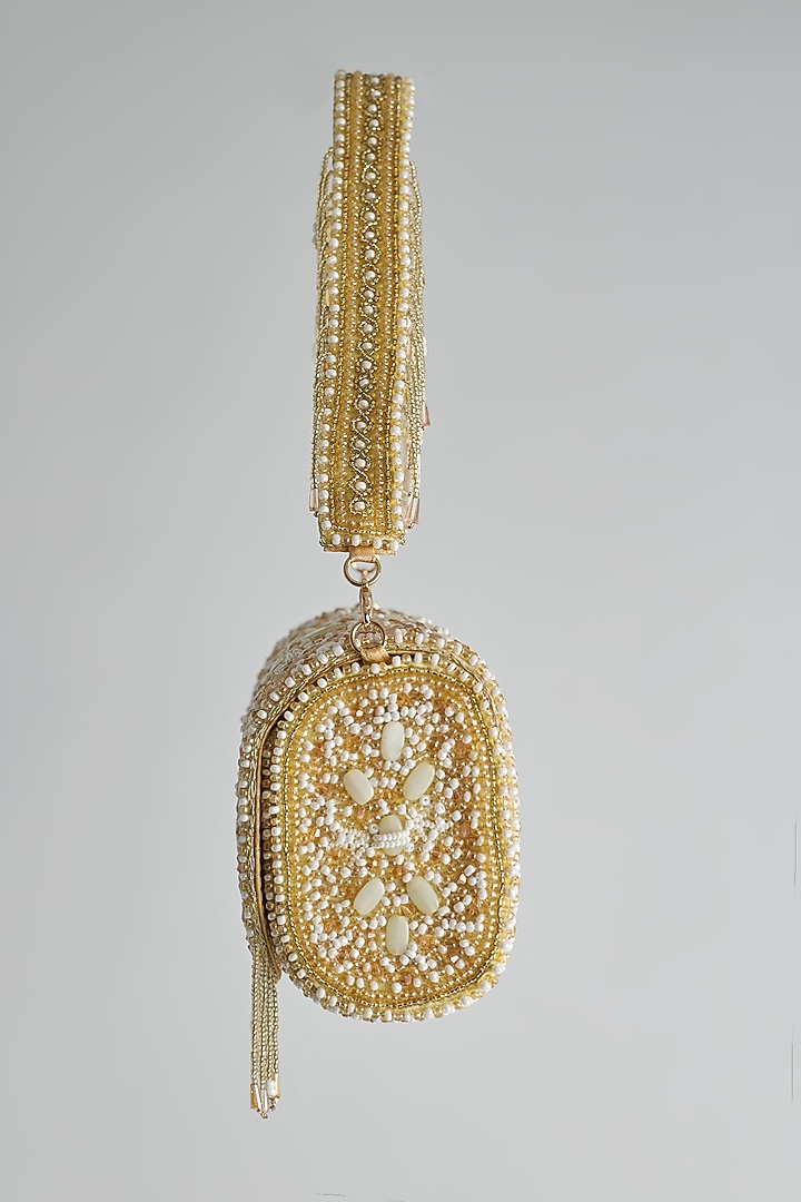 Gold Silk Beaded Bucket Bag by kreivo by vamanshi damania at Pernia's Pop Up Shop