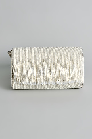 White Silk Beaded Bucket Bag by kreivo by vamanshi damania