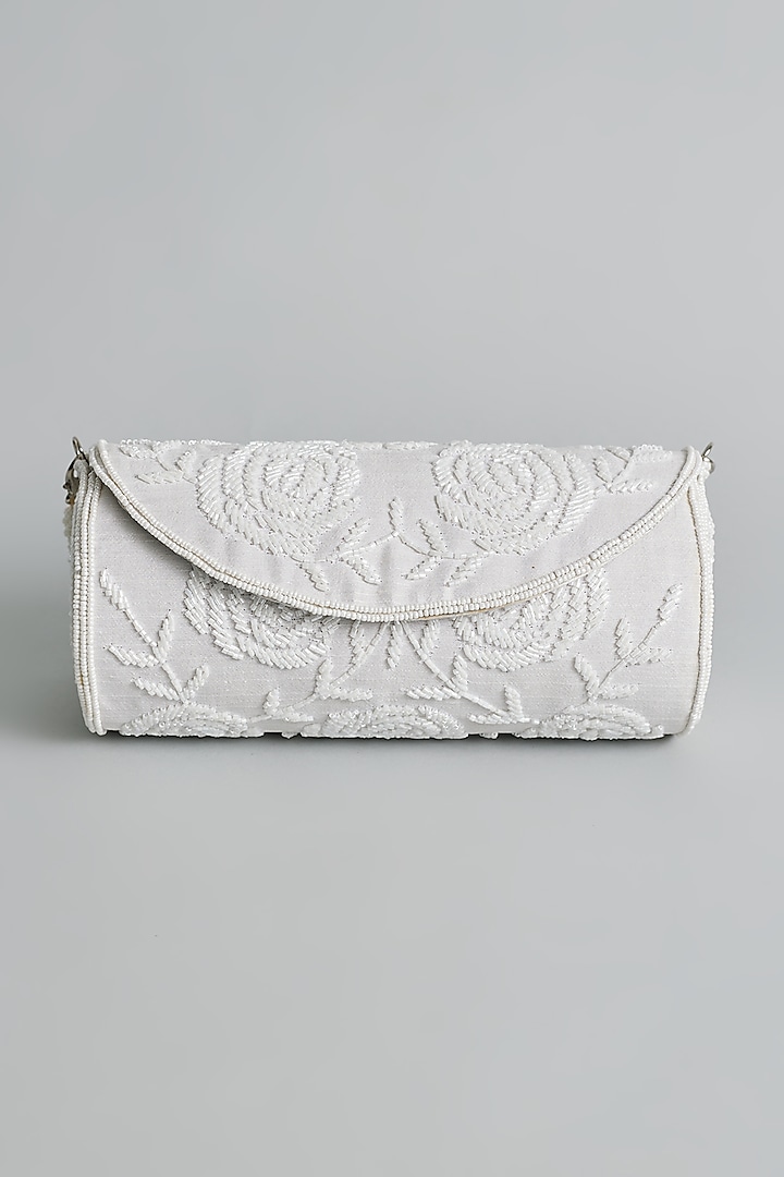 Light Grey Silk Beaded Floral Round Bag by kreivo by vamanshi damania
