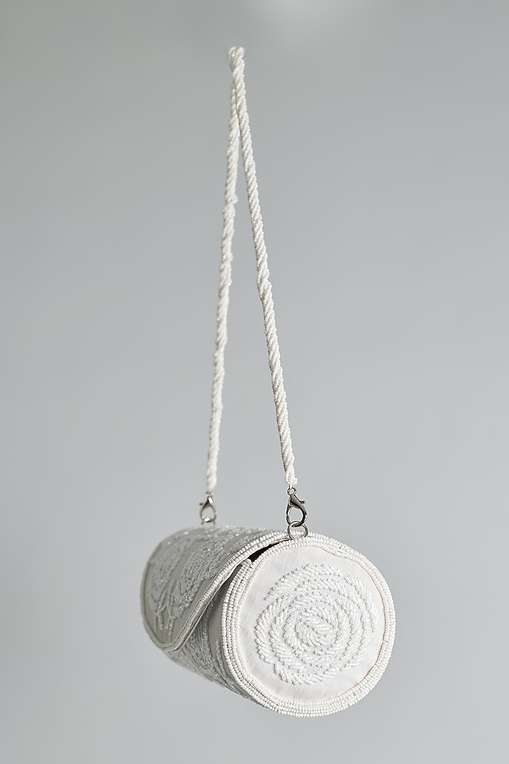Light Grey Silk Beaded Floral Round Bag by kreivo by vamanshi damania at Pernia's Pop Up Shop