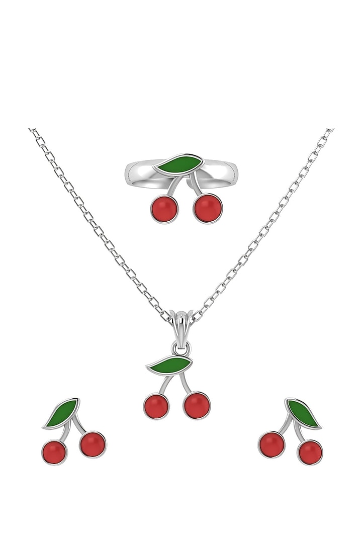 White Finish Enamelled Cherry Necklace Set In Sterling Silver For Girls by KRYSALIIS KIDS at Pernia's Pop Up Shop