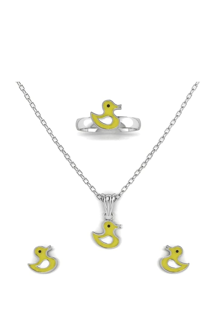 White Finish Enamelled Duck Necklace Set In Sterling Silver For Girls by KRYSALIIS KIDS at Pernia's Pop Up Shop