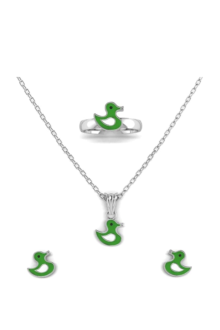 White Finish Enamelled Duck Necklace Set In Sterling Silver For Girls by KRYSALIIS KIDS at Pernia's Pop Up Shop