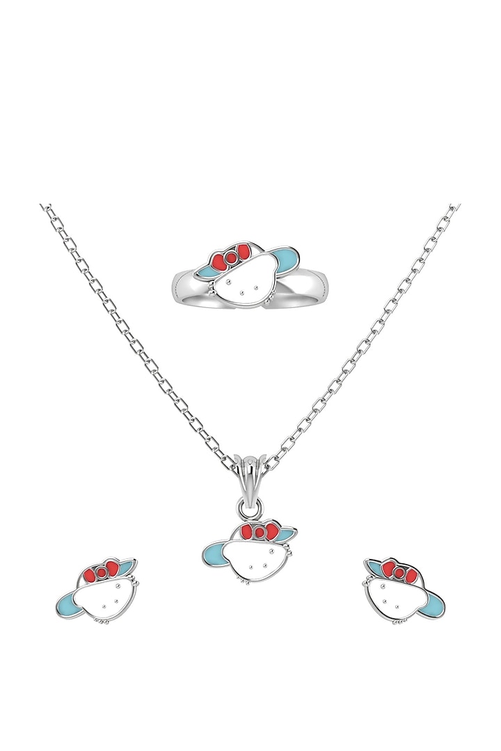 White Finish Enamelled Hello Kitty Necklace Set In Sterling Silver For Girls by KRYSALIIS KIDS at Pernia's Pop Up Shop