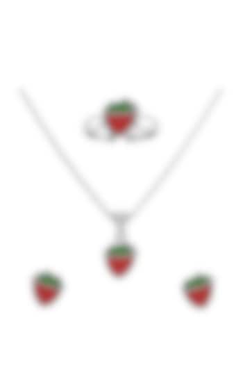 White Finish Enamelled Strawberry Necklace Set In Sterling Silver For Girls by KRYSALIIS KIDS at Pernia's Pop Up Shop