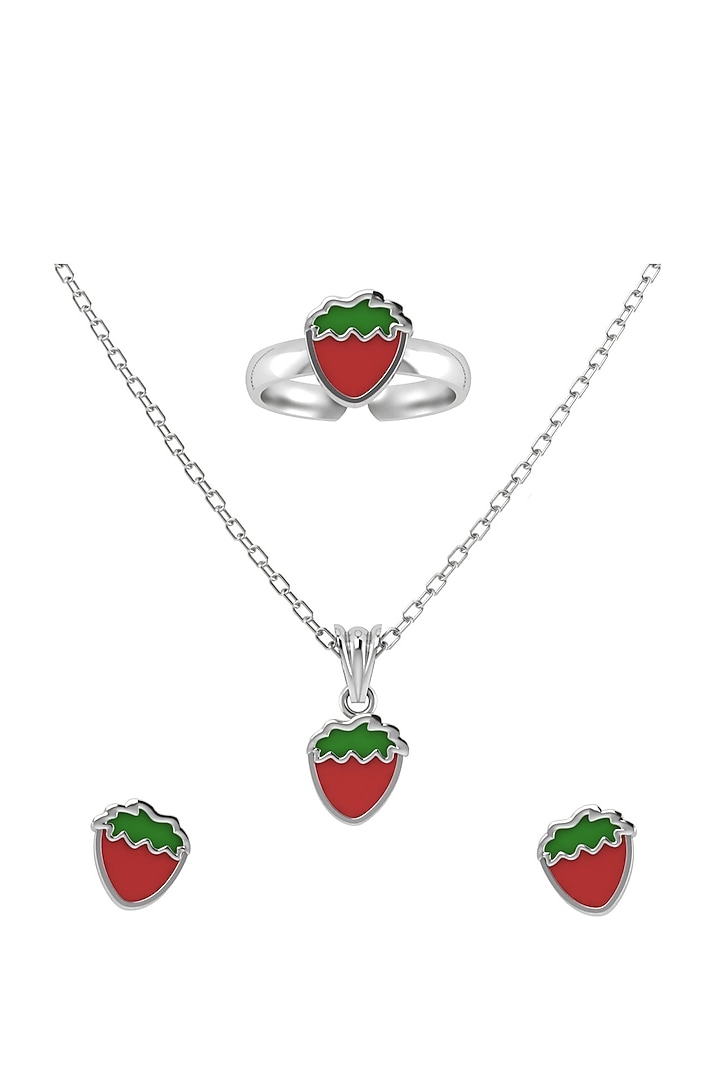 White Finish Enamelled Strawberry Necklace Set In Sterling Silver For Girls by KRYSALIIS KIDS at Pernia's Pop Up Shop
