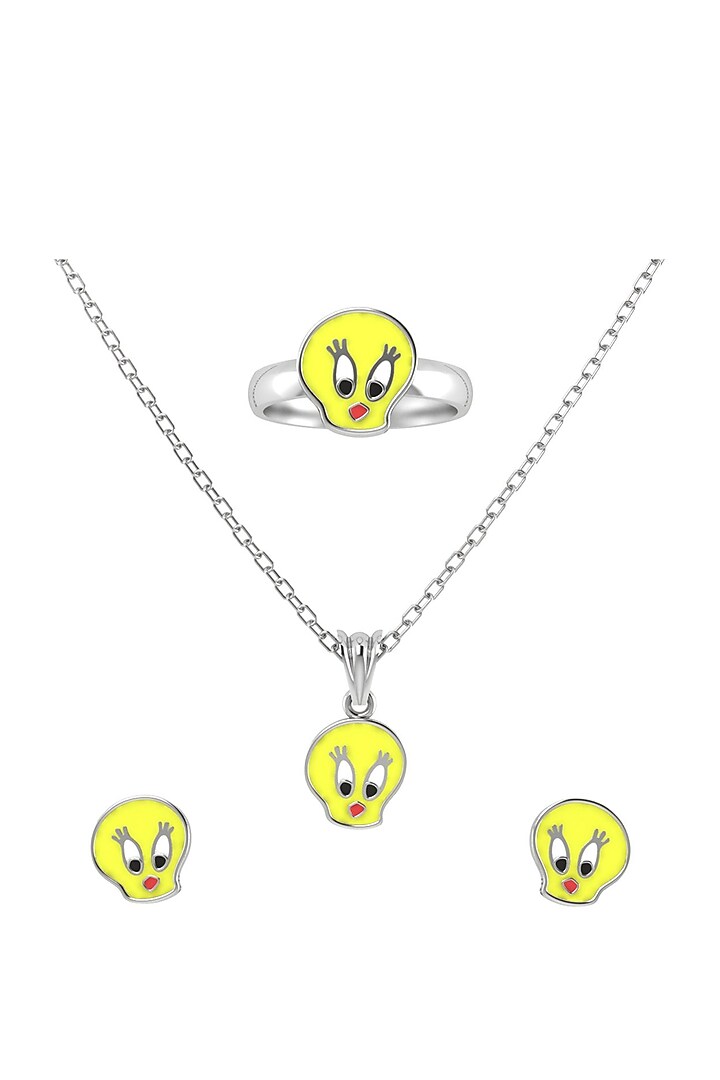 White Finish Enamelled Tweety Necklace Set In Sterling Silver For Girls by KRYSALIIS KIDS at Pernia's Pop Up Shop