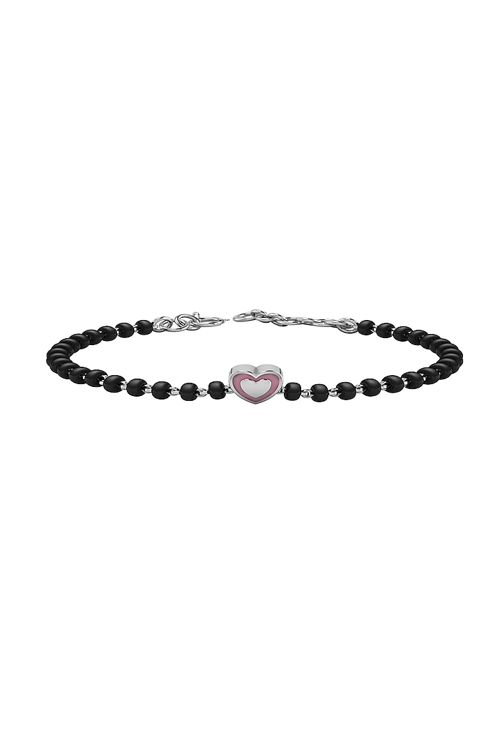 White Finish Beaded Bracelet With Pink Enamelled Heart In Sterling Silver by KRYSALIIS KIDS at Pernia's Pop Up Shop