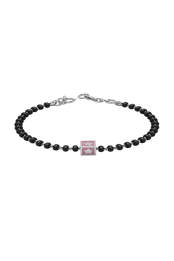 White Finish Beaded Bracelet With Pink Square In Sterling Silver by KRYSALIIS KIDS at Pernia's Pop Up Shop