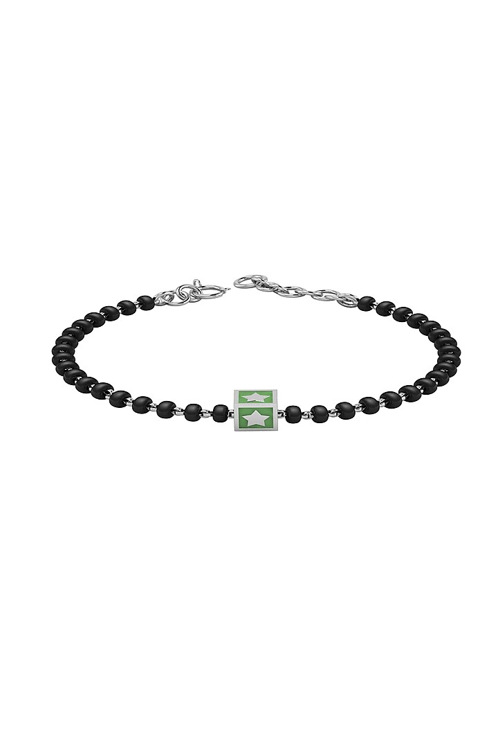 White Finish Beaded Bracelet With Green Square In Sterling Silver by KRYSALIIS KIDS at Pernia's Pop Up Shop