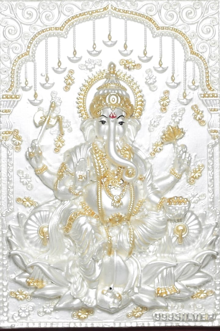 Pure Silver Lord Laxmi, Ganesh & Saraswati Photo Frame by KRYSALIIS HOME at Pernia's Pop Up Shop
