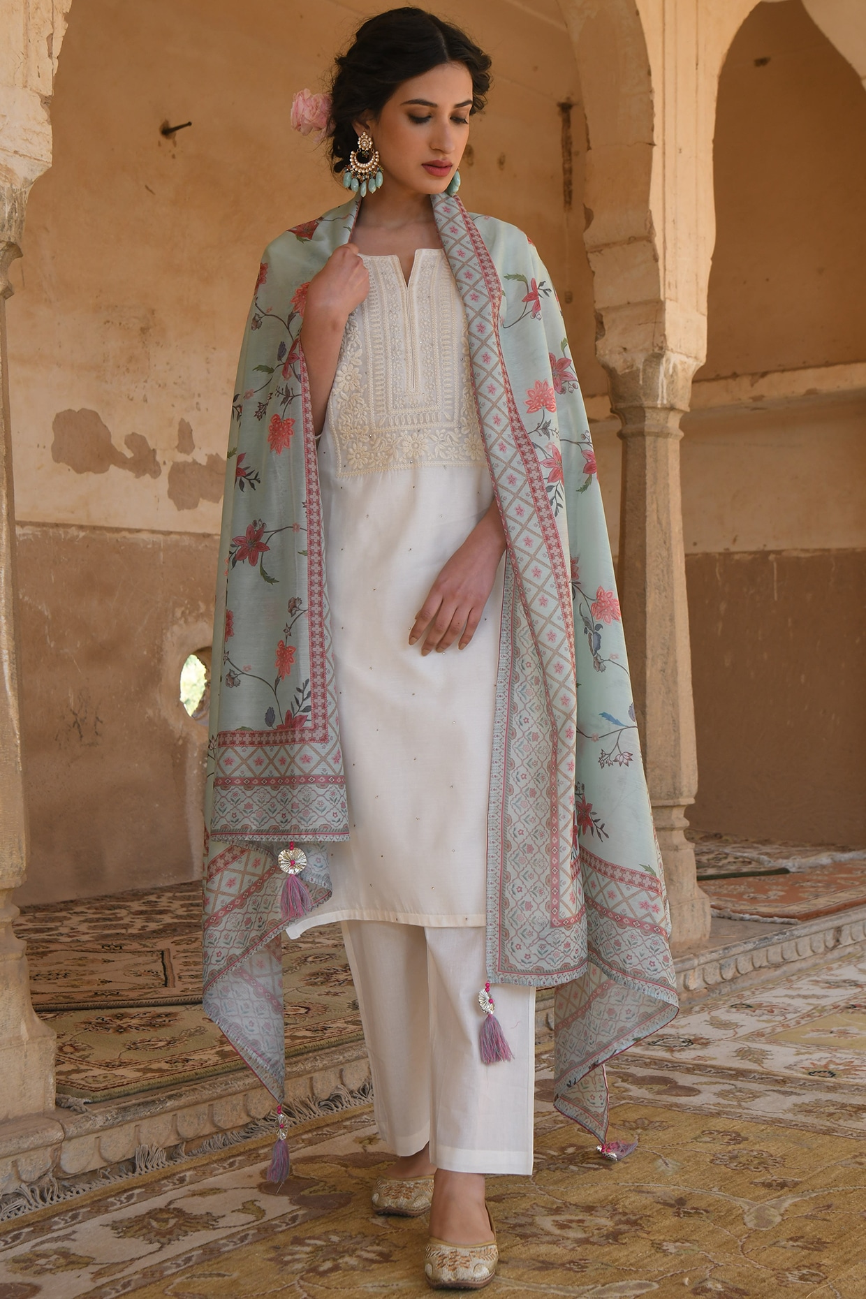 White/Yellow Chikankari Short Kurti/Pant Co-Ord Set . Versatile Cotton  Fabric. | Laces and Frills | Laces and Frills