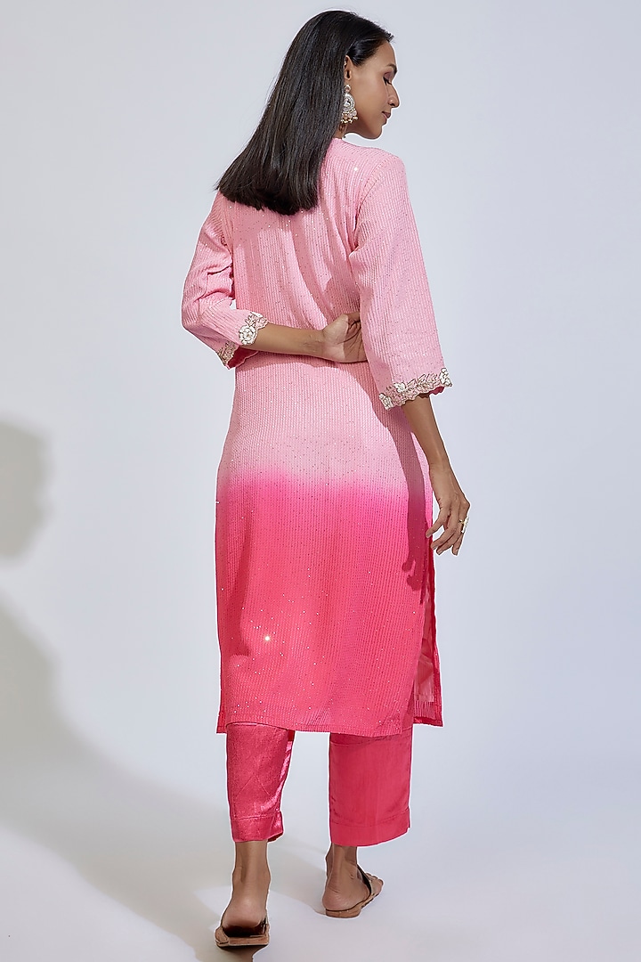 Light & Dark Pink Chinon Embroidered Kurta Set by Kriti Bapna at Pernia's Pop Up Shop
