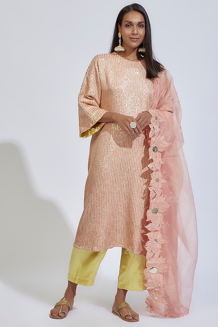 Peach Chinon Embroidered Kurta Set by Kriti Bapna